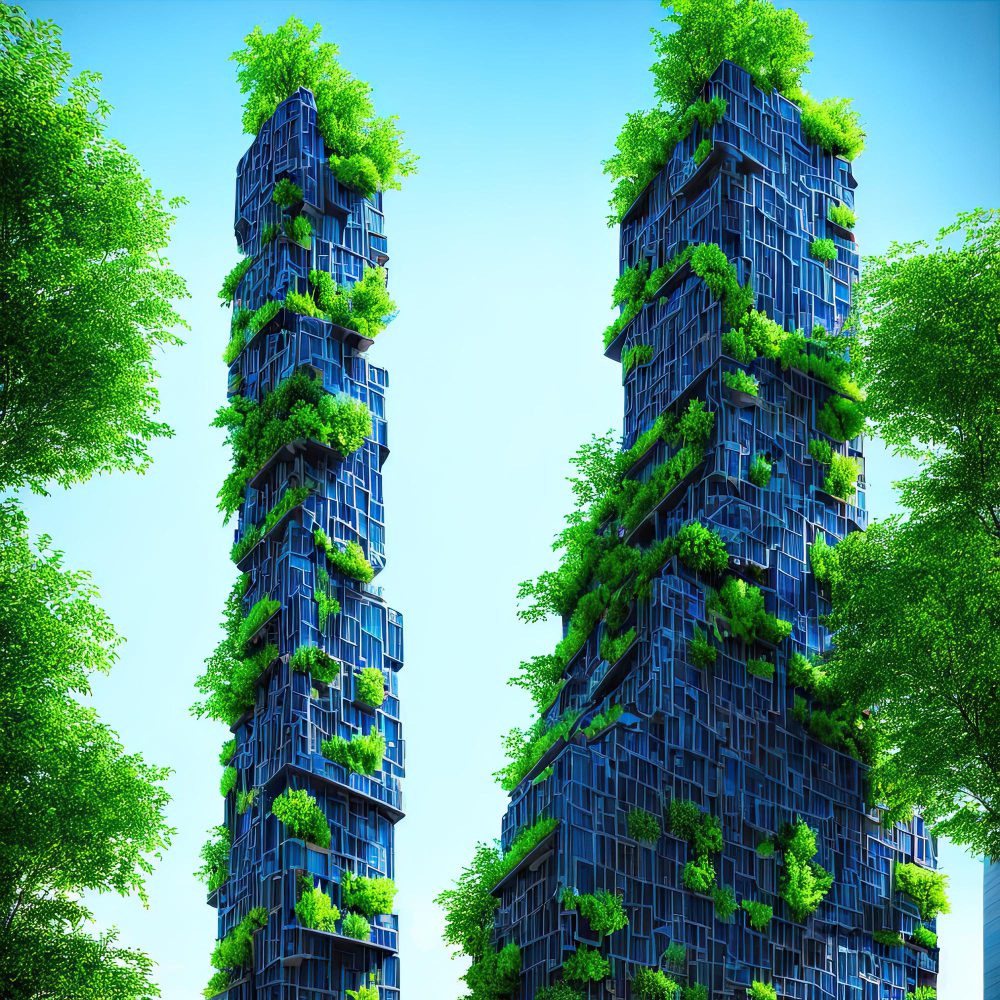 THE GROWTH OF GREEN ROOFS IN CANADA S CONSTRUCTION INDUSTRY   3d Ai Skyscrapers Are Covered With Green Bushes Trees Against Background Blue Sky 